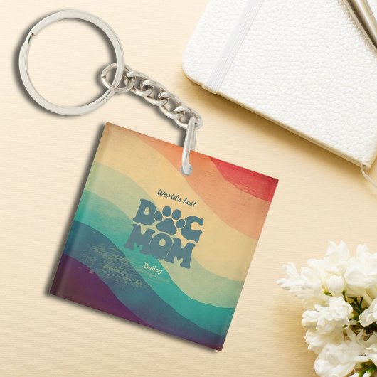 Hond Moeder Retro Groovy gepersonaliseerd Sleutelhanger