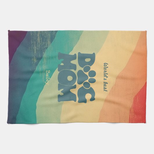Hond Moeder Retro Groovy Rainbow gepersonaliseerd Theedoek (Horizontaal)