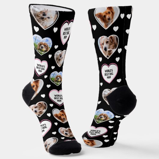 HOND MOM Custom 4 Pet Kat Hart Foto Zwart Sokken (Gebogen)