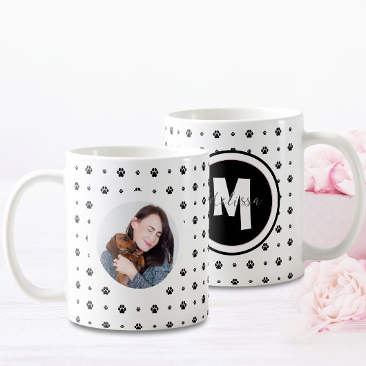 Hond Monogram Foto Paw Print Zwart-wit Koffiemok