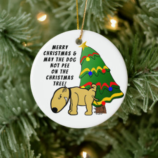 Hond niet plassen in de kerstboom keramisch ornament