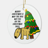 Hond niet plassen in de kerstboom keramisch ornament (Links)