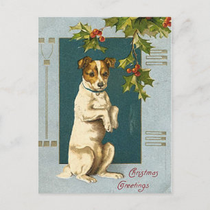 Hond onder een heilige tak - vintage kerstkaart feestdagenkaart