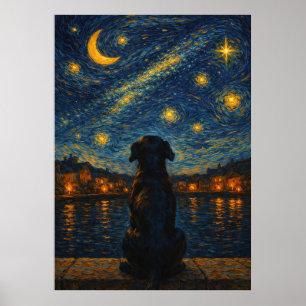 Hond onder sterrenhemel aan de muur kunst poster