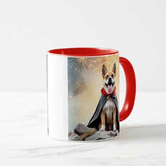 Hond onder vuurwerk. mok (Voorkant rechts)