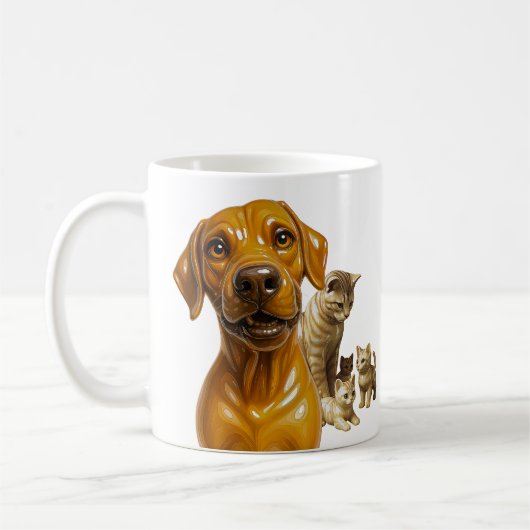 Hond ontmoet kattenmoeder en haar kittenleger koffiemok (Links)