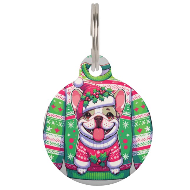 Hond ontwerp Franse buldog Kerst grappig Huisdierpenning (Voorkant)