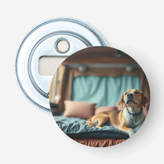 Hond op Bed Button Flesopener (Voorkant)