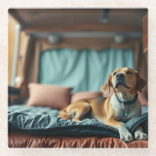 Hond op Bed Glazen Onderzetter (Voorkant)