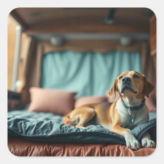 Hond op Bed Vierkante Sticker (Voorkant)
