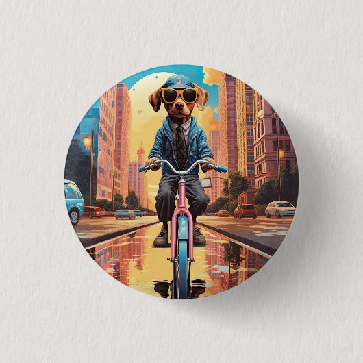 Hond op de fiets in de stad ronde button 3,2 cm (Voorkant)
