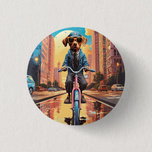 Hond op de fiets in de stad ronde button 3,2 cm