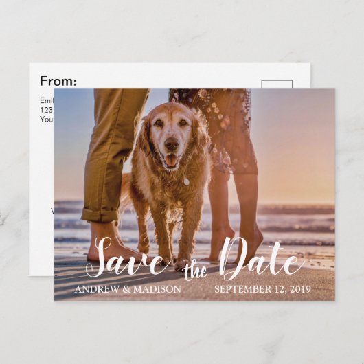 Hond op het strand met Paar Save the Date Aankondigingskaart (Voorkant / Achterkant)