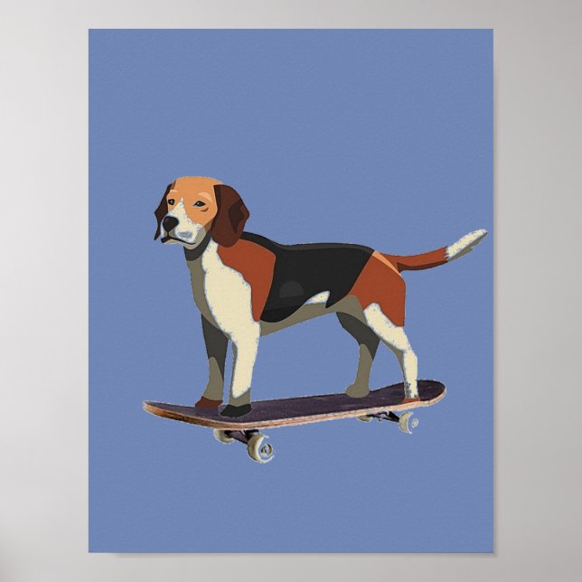Hond op skateboard, Beagle, Denim Poster (Voorkant)
