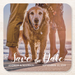 Hond op Strand met Koppel Save the Date Kartonnen Onderzetters