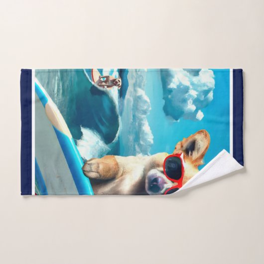Hond op Surfboard Wearing Sunbril AI Art Bad Handdoek (Handdoek)
