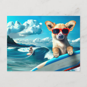 Hond op Surfboard Wearing Sunbril AI Art Briefkaart
