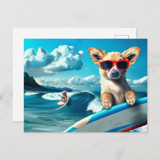 Hond op Surfboard Wearing Sunbril AI Art Briefkaart (Voorkant / Achterkant)