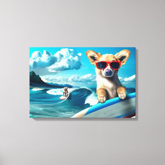Hond op Surfboard Wearing Sunbril AI Art Canvas Afdruk (Voorkant)