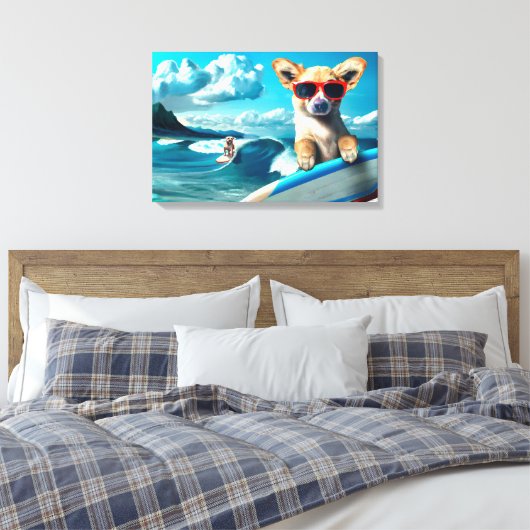 Hond op Surfboard Wearing Sunbril AI Art Canvas Afdruk (Insitu (Slaapkamer))