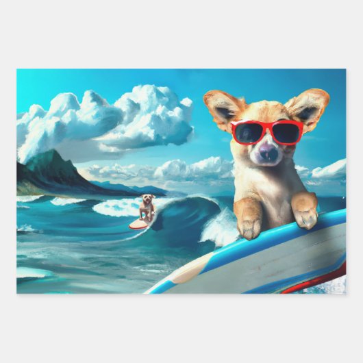 Hond op Surfboard Wearing Sunbril AI Art Inpakpapier Vel (Voorkant)
