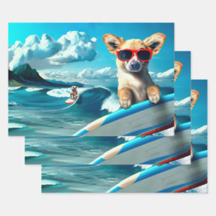 Hond op Surfboard Wearing Sunbril AI Art Inpakpapier Vel