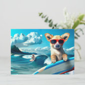 Hond op Surfboard Wearing Sunbril AI Art Kaart (Staand voorkant)