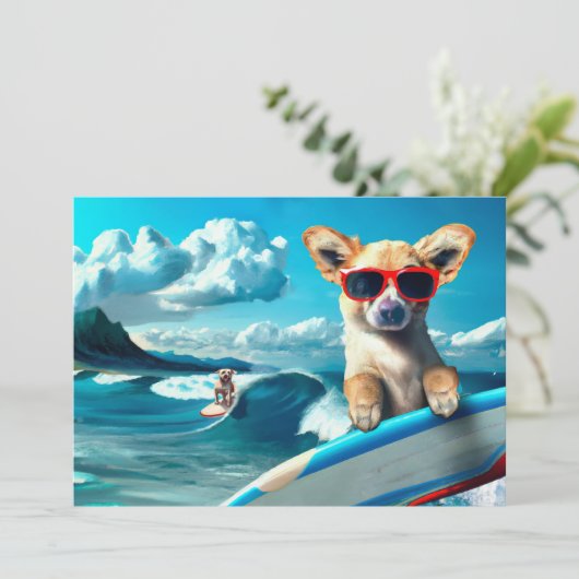 Hond op Surfboard Wearing Sunbril AI Art Kaart (Staand voorkant)