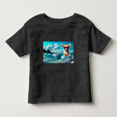 Hond op Surfboard Wearing Sunbril AI Art Kinder Shirts (Voorkant)