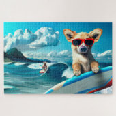 Hond op Surfboard Wearing Sunbril AI Art Legpuzzel (Horizontaal)