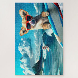 Hond op Surfboard Wearing Sunbril AI Art Legpuzzel