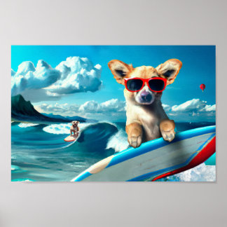 Hond op Surfboard Wearing Sunbril AI Art Poster