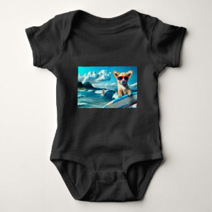 Hond op Surfboard Wearing Sunbril AI Art Romper