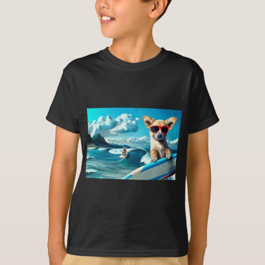 Hond op Surfboard Wearing Sunbril AI Art T-shirt (Voorkant)