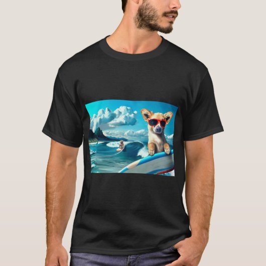 Hond op Surfboard Wearing Sunbril AI Art T-shirt (Voorkant)