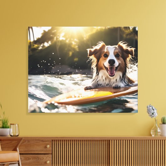 Hond op surfplank canvas afdruk (Insitu (Woonkamer))