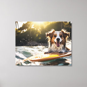 Hond op surfplank canvas afdruk