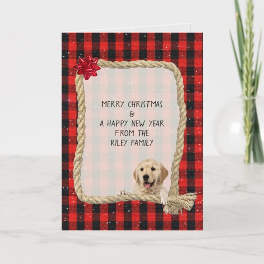 hond op touw lijst met houthakker plaid Christmas Kaart (Voorkant)