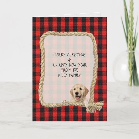hond op touw lijst met houthakker plaid Christmas Kaart (Voorkant)