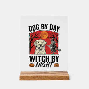 Hond overdag Heks 's nachts Vintage Halloween-hond Acryl Bord