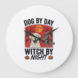 Hond overdag Heks 's nachts Vintage Halloween-hond Grote Klok