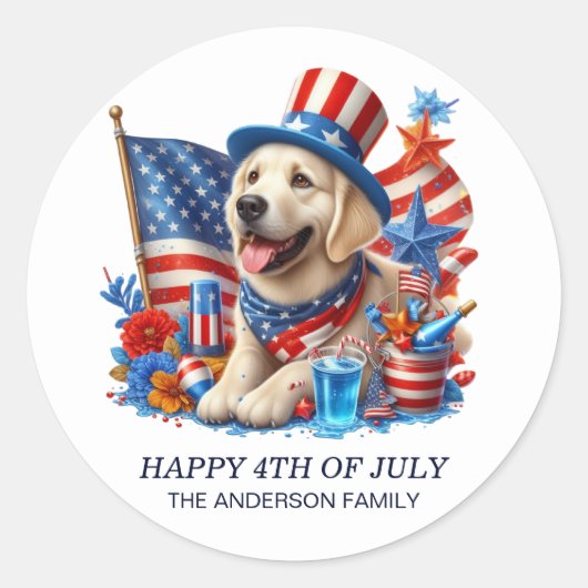 Hond Patriottische Top Hat Rood Wit Blauw Sterren  Ronde Sticker (Voorkant)