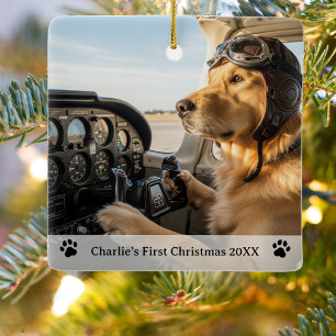 Hond Piloot Foto Eerste Kerstmis Naam Jaar Aviator Keramisch Ornament