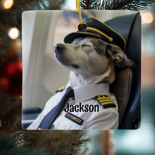 Hond Piloot & Vliegtuig Grappige Vliegerij Kerst P Keramisch Ornament
