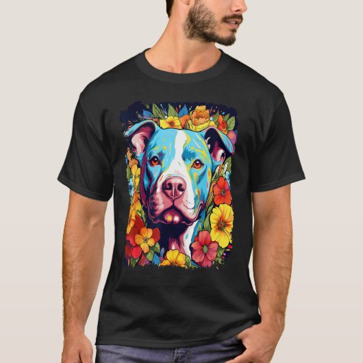 Hond Pitbull Bloem Liefde Vrede T-shirt (Voorkant)