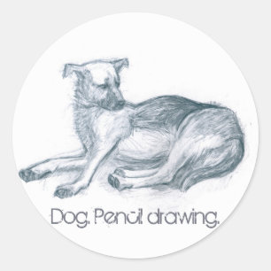 Hond. Potloodtekening. Ronde Sticker