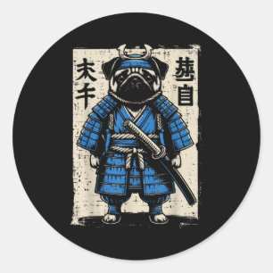 Hond Pug Samurai Grappige Japanse Krijger Kunst Ma Ronde Sticker