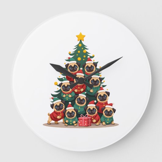 Hond Pugs Kerstboom Schattig Kerstmis (2) Grote Klok (Voorkant)