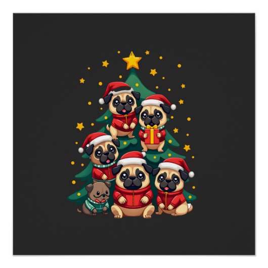 Hond Pugs Kerstboom Schattig Kerstmis (3) Perfect Poster (Voorkant)
