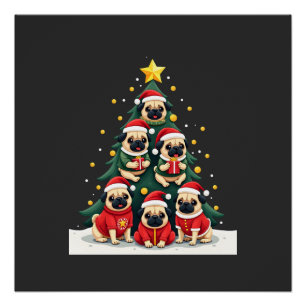 Hond Pugs Kerstboom Schattig Kerstmis (4) Perfect Poster